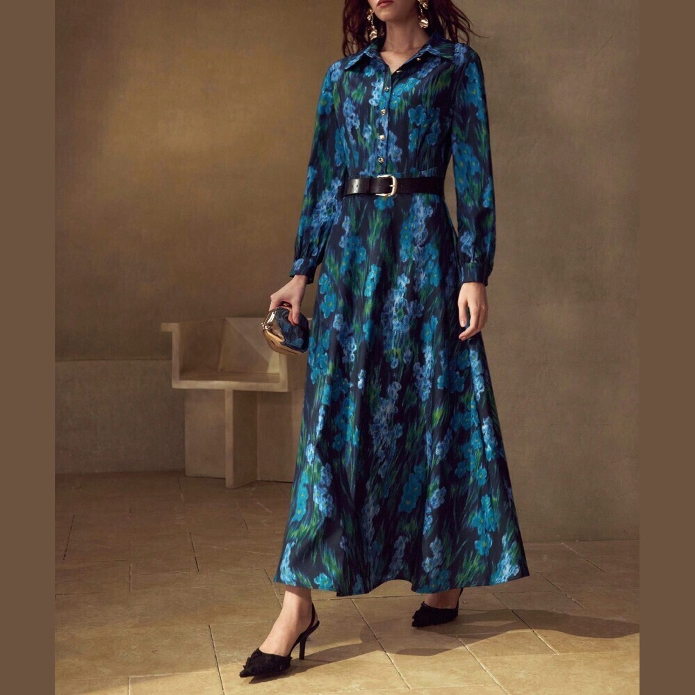 Blue Floral Print Maxi Shirt Dress with Collar - Picture 3 of 6